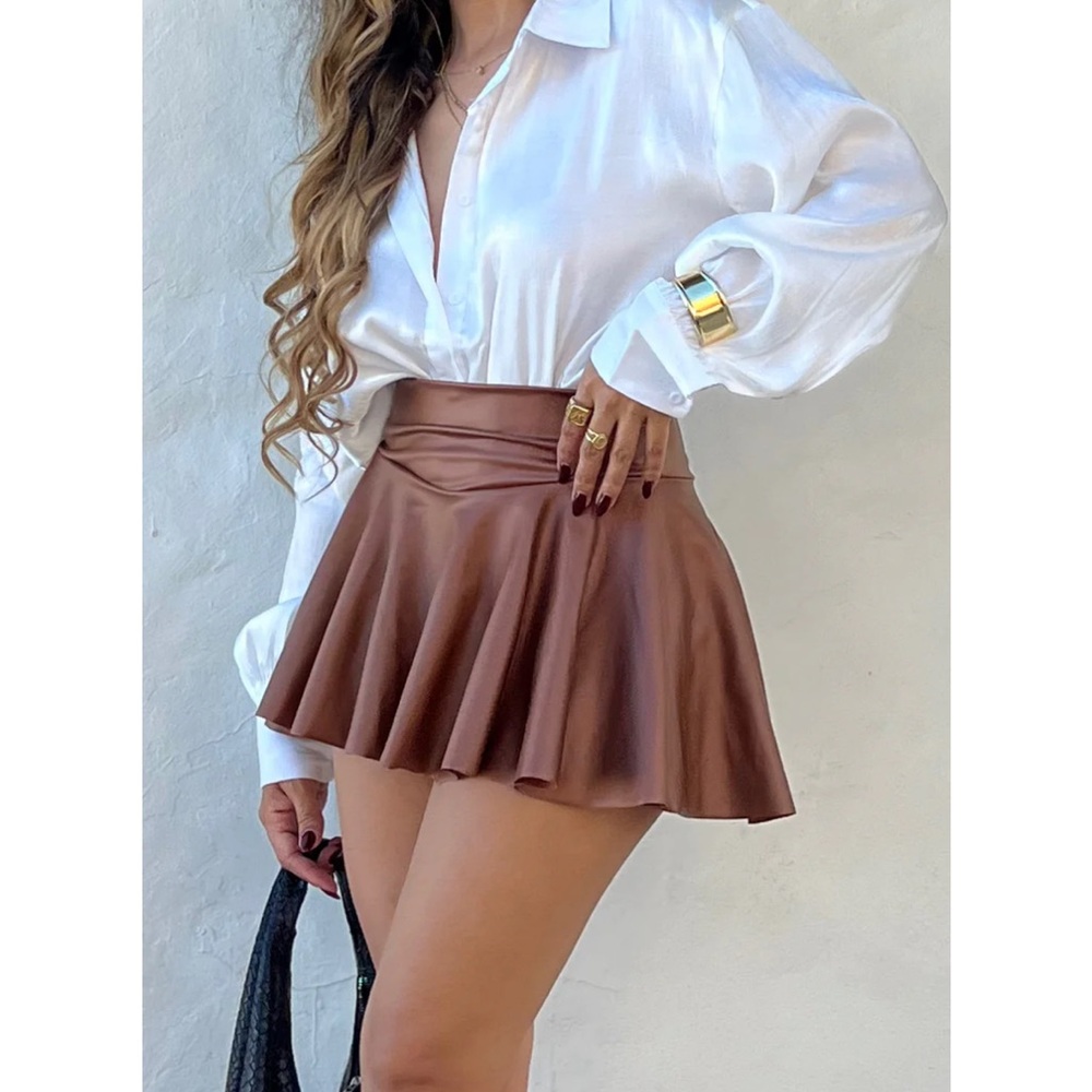 Brown Pleated Skater Mini Skirt for Night Out
